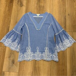 🌟SUNDANCE🌟 EMBROIDERED BELL SLEEVE BOHO V NECK BLOUSE BLUE SZ S